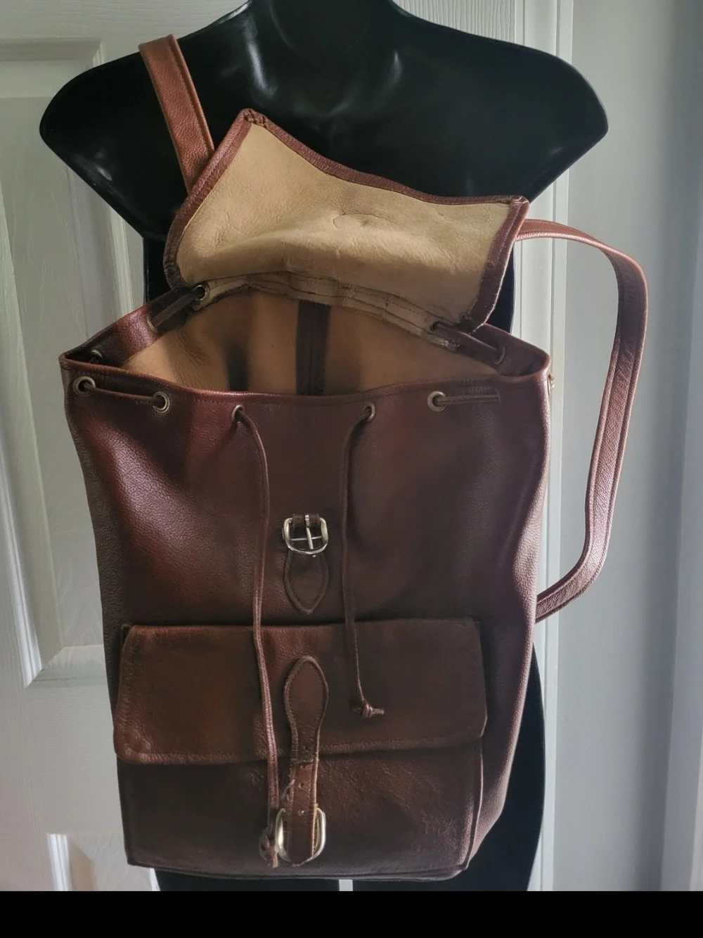 Leather Unisex Drawstring Backpack Brown with Front Buckle Pockets Extra Large